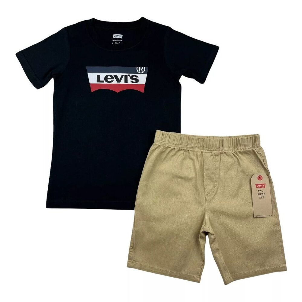 Levi's Boys Shorts & T-Shirt Outfit Set Size 4-7 Black/Beige Casual Stylish‎